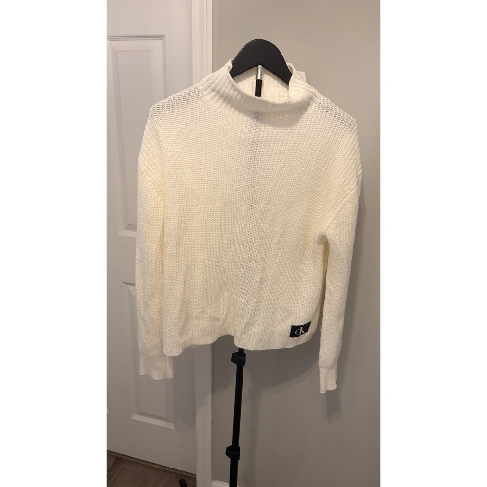 Calvin Klein Jeans Womens Ribbed Mock Neck Sweater Cream White Size M Logo Patch